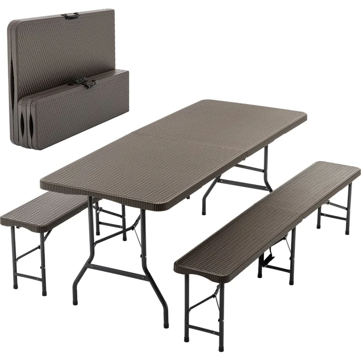 6ft Klappbarer Picknicktisch mit 2 Bänken, 3-teiliges Camping Set, HDPE Tischplatte mit Baummuster, Sicherheitsverriegelung, UV- & wasserbeständig, Braun – Bild 7