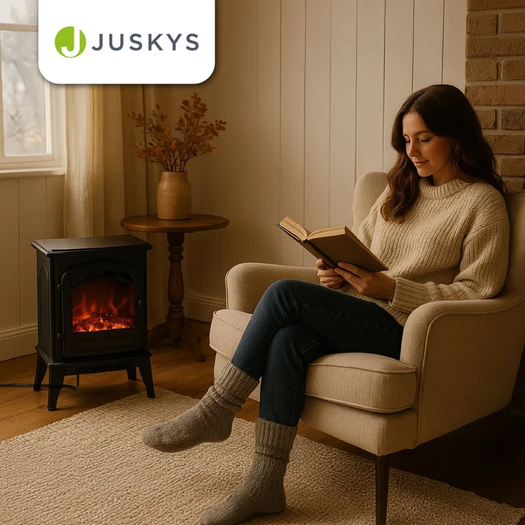 Juskys Elektrokamin 2000 W – Schwarz, elektrischer Standkamin mit Flammeneffekt, Heizfunktion, 2 Heizstufen, Thermostat & Sicherheitsabschaltung – Bild 7