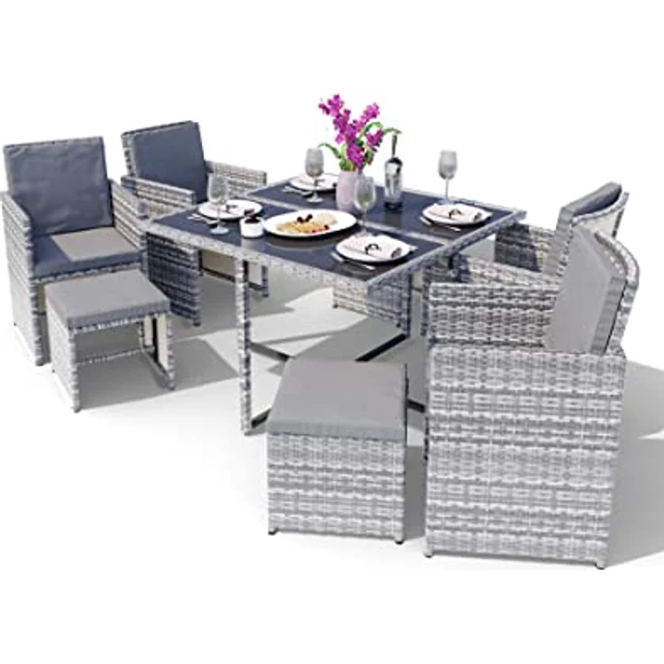 Swing&Harmonie Garten-Essgruppe Poly Rattan Sitzgruppe Esstisch Lounge Gartenmöbel, (Sitzgarnitur, Tisch, Stühle, Hocker Garnitur Set) – Bild 2