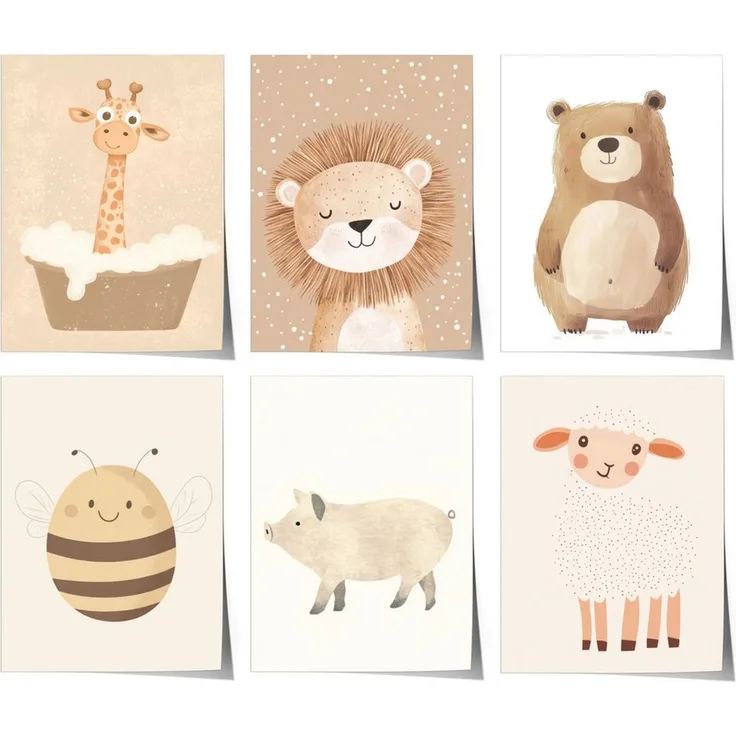 Boho Babyzimmer Poster · Giraffe, Löwe, Bär, Biene, Schwein, Schaf · Niedliche Tier Wandkunst · Skandi Stil ·Pastell· Deko Print ohne Rahmen - 10 x 15 cm / B Löwe, 10 x 15 cm