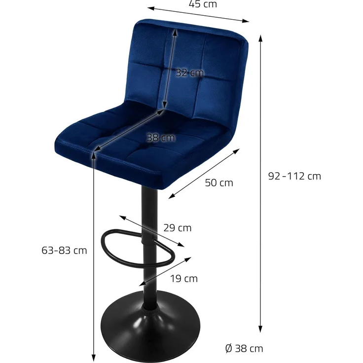 ML-DESIGN Barhocker Gepolsterter Barstuhl mit Rückenlehne und Fußstütze, 360° drehbar (2 St), Drestuhl höhenverstellbar 63-83 cm, Blau, Bezug aus Samt – Bild 3