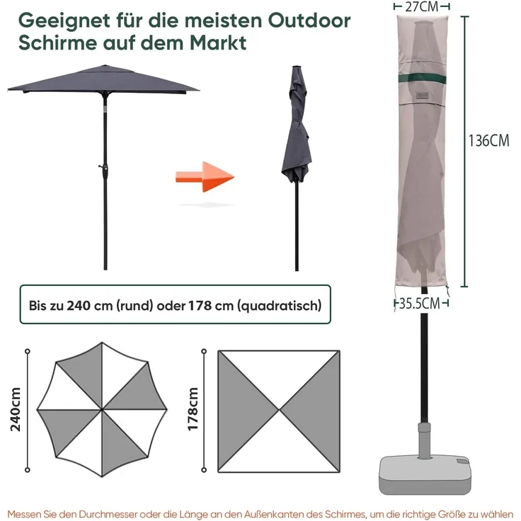 Sekey Ampelschirm / Sonnenschirm Schutzhülle mit Stab, Abdeckhauben für Gartenschirm mit Belüftungsöffnungen, Abdeckung für Kurbelschirm / Balkonschirm, 100% Polyester, wasserdicht, Khaki – Bild 2