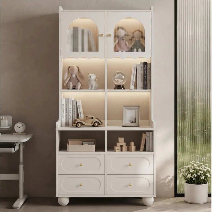 Glasvitrine mit Rippglas, LED-Beleuchtung und 4 Schubladen, 80x40x180 cm, Weiß – Bild 3