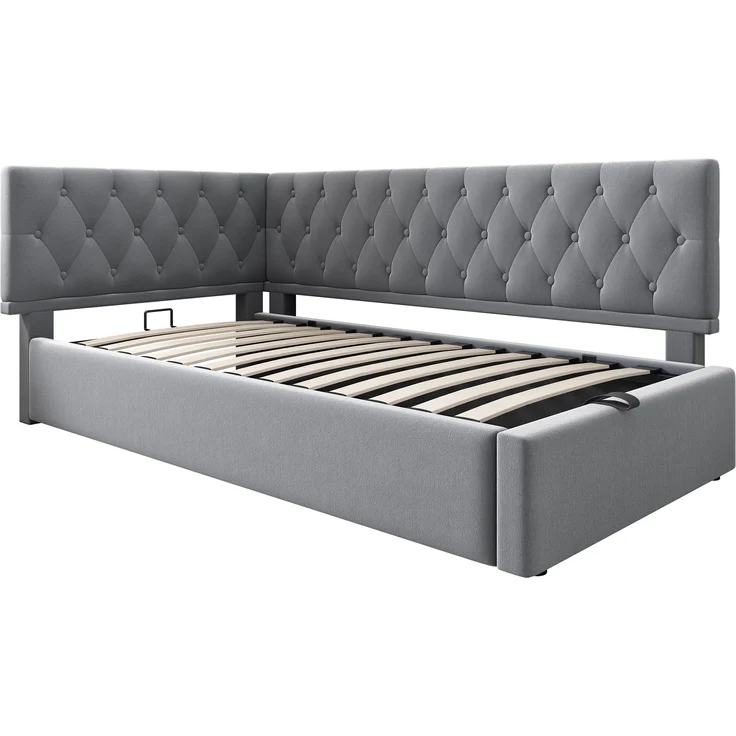 Schlafsofa L-Form Grau Samt Stauraum Hydraulisch 90x190 cm Beige Rosa Kopfteil beidseitig montierbar – Bild 10