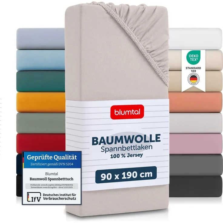 Blumtal® Basics Jersey Spannbettlaken 90x190 cm - Oeko-TEX Zertifiziert, 100% Baumwolle Bettlaken, bis 20cm Matratzenhöhe, Elfenbein