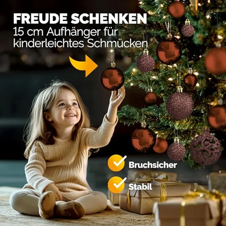 DEUBA® Weihnachtskugeln Set, 100-teilig, Ø 3-6 cm, bruchsicherer Kunststoff, matt und glänzend, Christbaumschmuck in Bronze – Bild 5