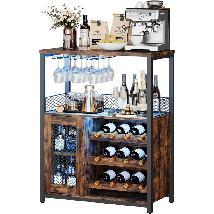 Garvee Weinschrank Weinregal Industrial mit Led Licht Barschrank mit Verstellbarem Weinregal und Glashalter Getränkeaufbewahrung Weinbarschrank für Küche Esszimmer Wohnzimmer 70 x 35 x 92 cm Retro