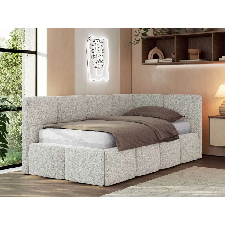Jugendbett 90x200 ARVO Polsterbett mit Bettkasten, Stauraum & Gasdruckfeder, Modernes Design mit Kopfteil, Multipocket Matratze - Hellgrau Strukture - ELORI LUX - Rechts Seite