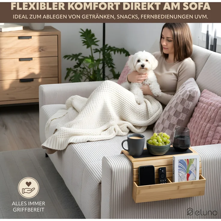 eluno Sofatablett mit Silikonablage und seitlichen Fächern, faltbare Ablage für Snacks, Handy uvm, Bambus – Bild 2