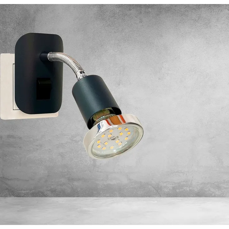 TRANGO LED Nachtlicht, 11-055 LED Steckerleuchte im Anthrazit-Schwarz mit Deko-Chrom Ring, Steckerlicht, Nachtlicht inkl. je 1x GU10 3000K warmweiß LED Leuchtmittel & ON/OFF Schalter, Leselampe, Wandlampe, Küchenlampe