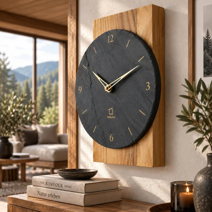 Natuhr Wanduhr F4000 Steineiche Funkwanduhr aus Massivholz Eiche mit Schiefer – Eiche natur – 34 × 24 × 5 cm – Bild 4