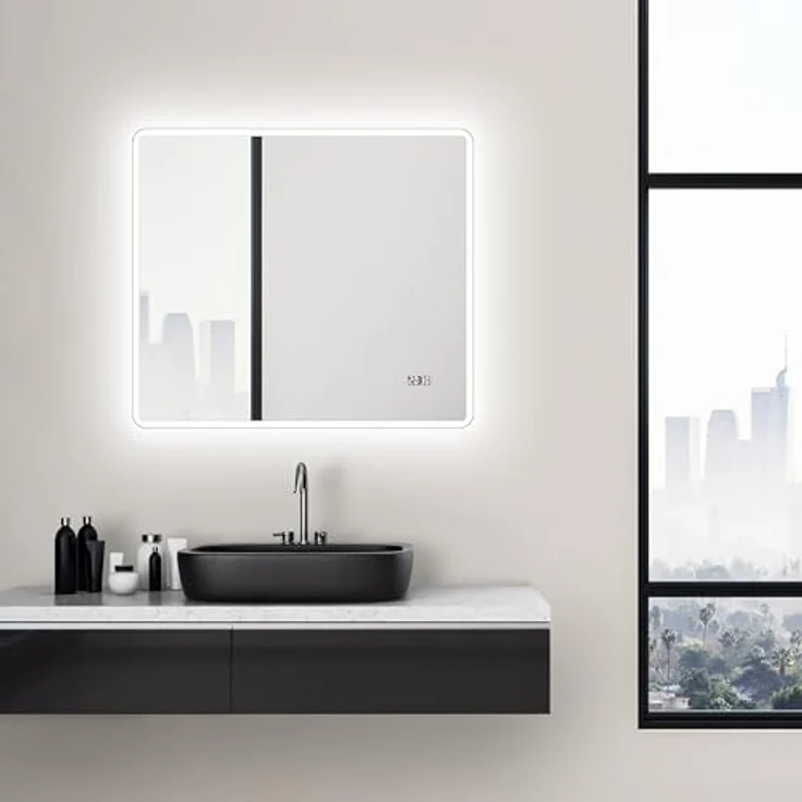 Talos Sun LED Badspiegel, 80x70 cm, mit Lichtumrahmung und Digitaluhr, Aluminiumrahmen in gebürsteter Stahloptik – Bild 1