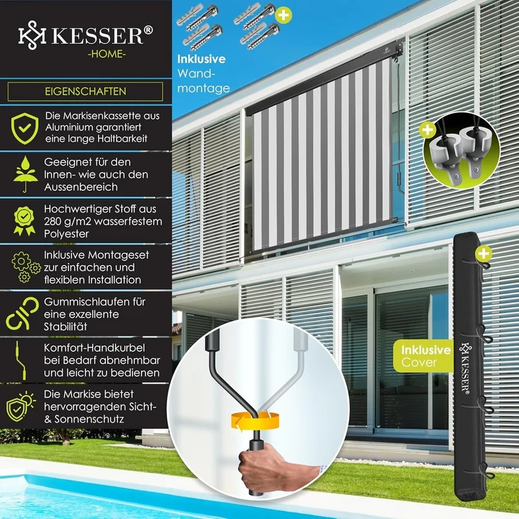 KESSER® Senkrechtmarkise Außenrollo Handkurbelmechanismus Balkonrollo Sonnen & Sichtschutz Beschattung Sonnenschutz Außen Rollo mit Kurbel Markisenkasten Balkon & Terrasse Inkl. Montageset & Abdeckung Grau / Weiß, 140 x 250cm – Bild 2