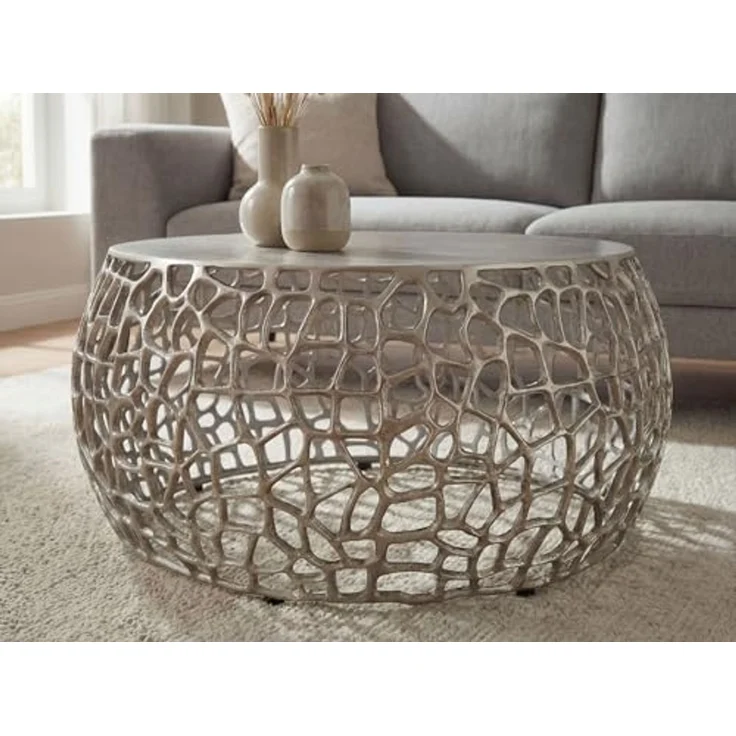 FINEBUY Couchtisch FB116656 Metall Silber Sofatisch Ø 66 cm Tisch Wohnzimmertisch Rund (60 cm Silber, Beistelltisch Metall Modern Rund), Metalltisch mit Ast-Struktur, Tisch Modern – Bild 6