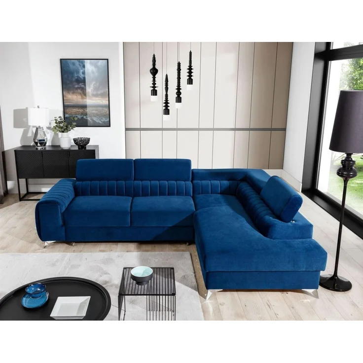 Ecksofa mit Schlaffunktion Sofa ELENI Stoff Kronos Blau Ottomane Rechts – Bild 3