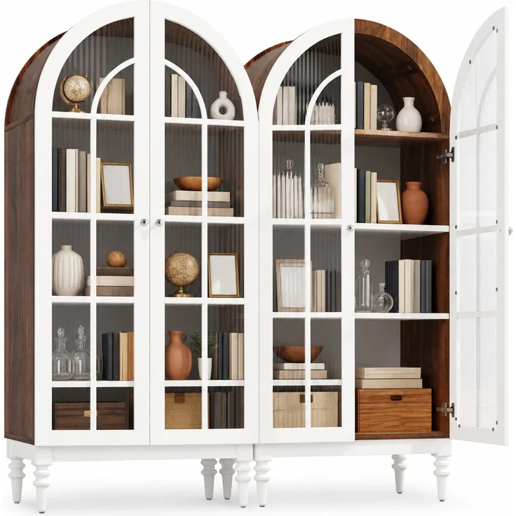 Vitrinenschrank 76 x 38,5 x 165 cm in Weiß mit Bogenfront und Riffelglastüren – Bild 6