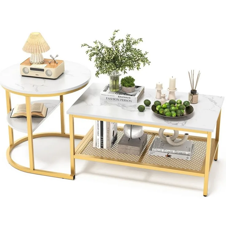 FUROKOY Couchtisch im Marmoroptik Beistelltisch mit Metallrahmen (Kaffeetisch mit Stauraum,Satztisch,Weiß-Gold), 80x46x41cm+52x52x51cm