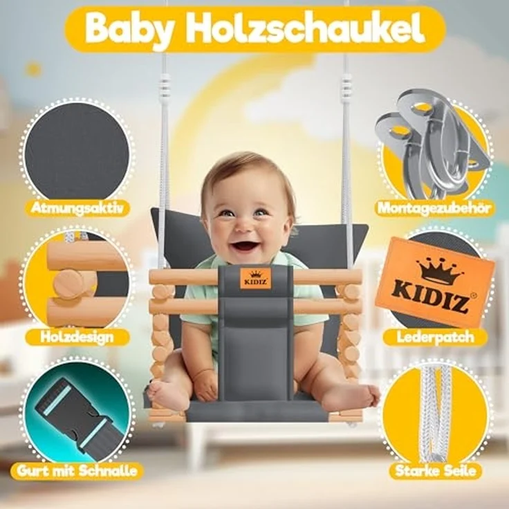 KIDIZ® Babyschaukel Kinderschaukel Schaukelsitz mit Polsterung | Holz-Schaukel mit Anti-Kipp bis 60KG | Höhenverstellbar Indoor & Outdoor | 0,5 - 3 Jahre | Montagezubehör & Sicherheitsgurt Anthrazit – Bild 2
