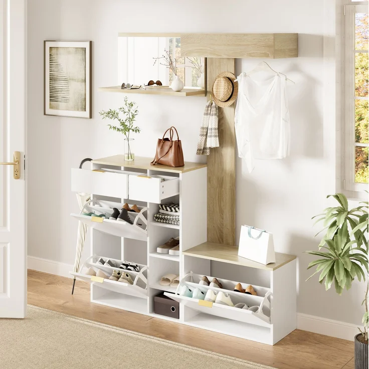 CHICFURN Schrank 130x174x30 cm, 4-tlg. Garderoben-Set mit Schuhschrank und Sitzbank Natur+Weiß – Bild 3