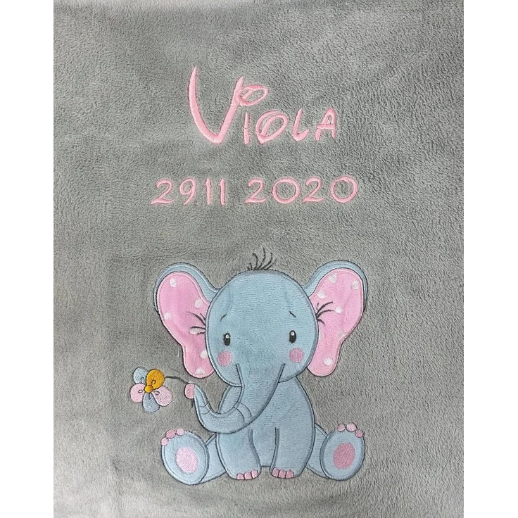 KIDDI-MEDIA Babydecke mit Name und Geburtsdatum Bestickt/kuschelig weich / 1A Qualität (Grau - Elefant)