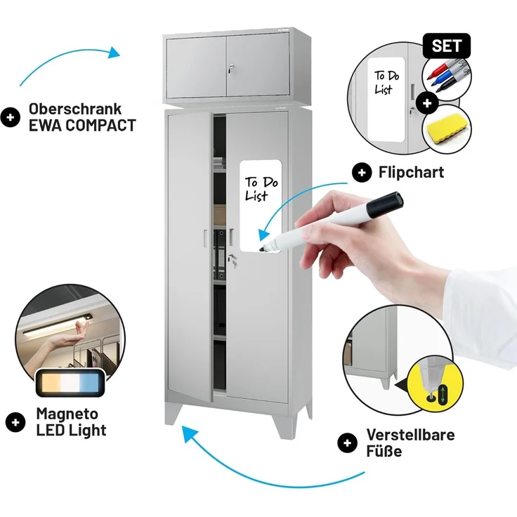 Jan Nowak Metall Spind Kompakt Mit Tür Und Schloss 4 Höhenverstellbare Einlegeböden Robuste Stahlkonstruktion Höhe 1750 mm Tiefe 400 mm Farbe Grau Kompatibel Mit Aufsatz Compact – Bild 11