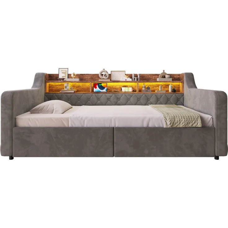 Polsterbett 90x190 cm in Dunkelgrau mit LED, Ablage und 2 Schubladen – Ohne Matratze – Bild 9