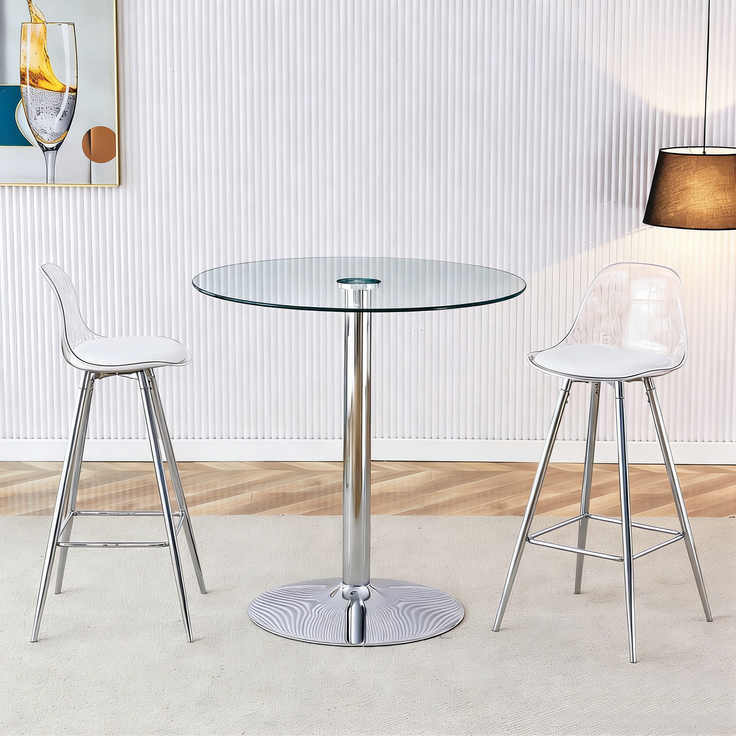 Flexibles Bar-Set: Runder Glastisch mit 89 cm Durchmesser + 2 Barhocker mit silbernen Beinen.• Transparente Optik • Vielseitig einsetzbar •Schafft visuelle Weite und spart Platz, Flexibles Bar-Set: Runder Glastisch mit 89 cm Durchmesser + 2 Barhocker m... – Bild 4