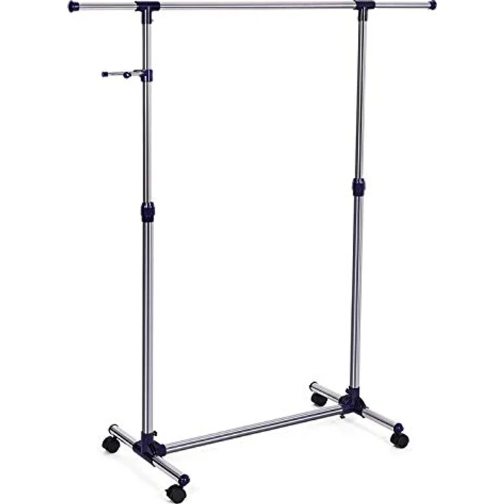 Songmics Kleiderständer, Garderobenständer auf Rollen, Rohre mit Edelstahlbeschichtung, mit ausziehbarer Kleiderstange, seitliche Haken für Accessoires, höhenverstellbar 97-165 cm, Blau – Bild 2