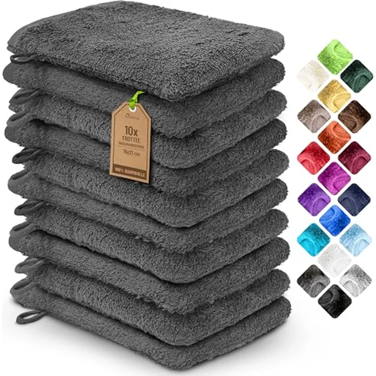 NatureMark 10er Pack Frottee Waschhandschuhe, Waschlappen, 100% Baumwolle, Anthrazit grau, 15x21 cm – Bild 2