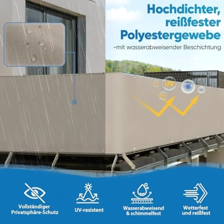 Sekey Balkon Sichtschutz Balkonabdeckung Balkonverkleidung blickdichte Wind- und UV-Schutz, 100% Privatsphäre, mit Ösen, Nylon Kabelbinder und Kordel, Taupe 0. 75×4m – Bild 3