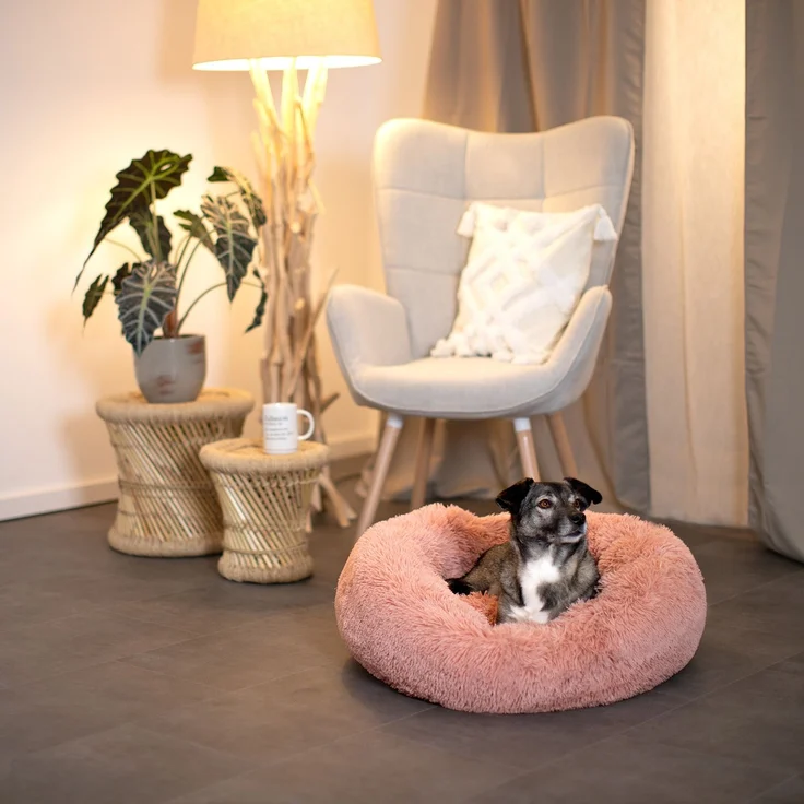 lionto Donut Hundebett, rundes Hundesofa mit Plüschbezug & Anti-Rutsch-Noppen, weich & gemütlich, 60 cm Durchmesser, rosa – Bild 3