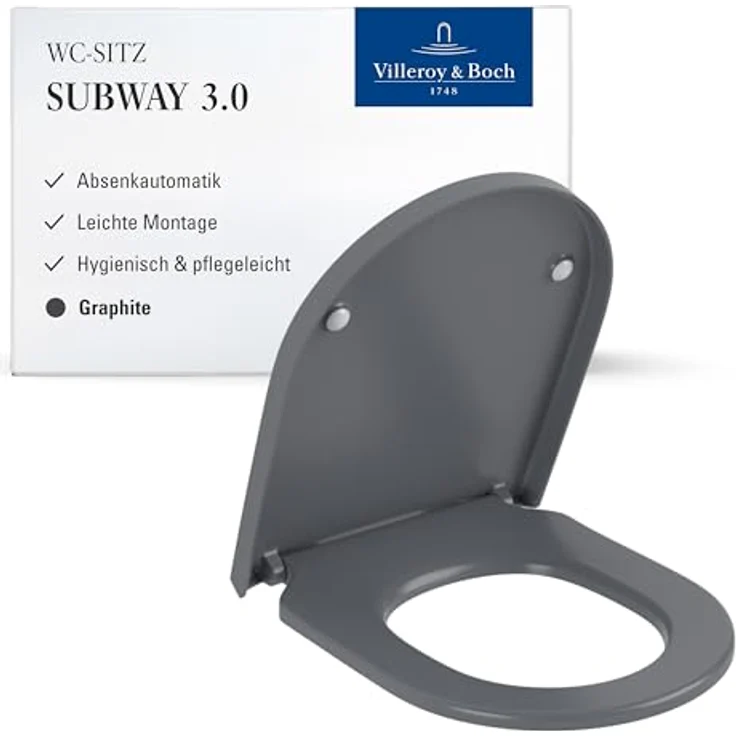Villeroy & Boch Subway 3.0 WC-Sitz, Toilettendeckel mit Absenkautomatik, abnehmbarer Toilettensitz aus bruchsicherem Duroplast, Klodeckel Original Ersatzteil, D-Form, Graphite, matt – Bild 2