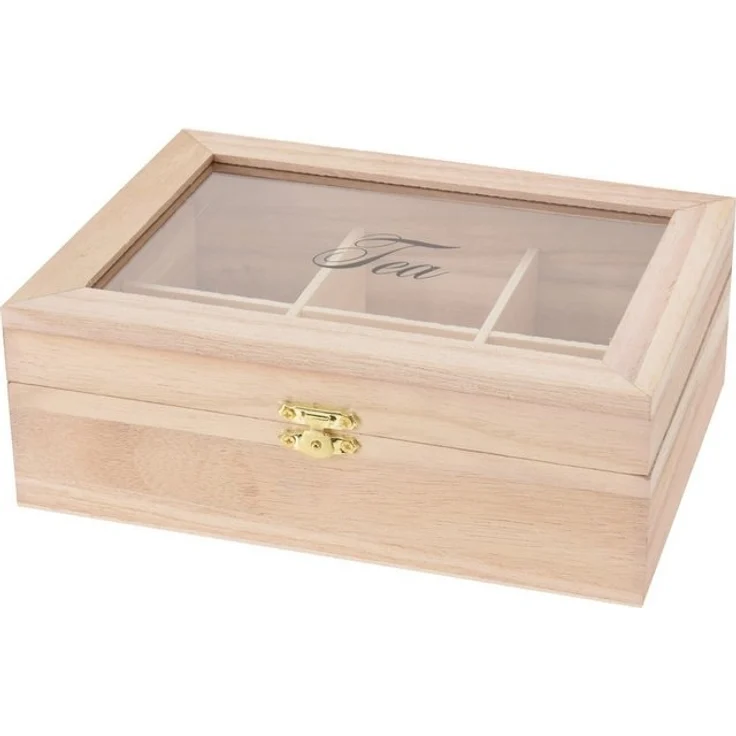 Koopman Teebox Teekasten Teekiste 6 Fächer MDF 21x16x7,5 cm Aufbewahrung Beige, Holz, (1-tlg), Teekiste, 6 Fächer, Teeaufbewahrung, Glasdeckel, Holzkiste – Bild 3