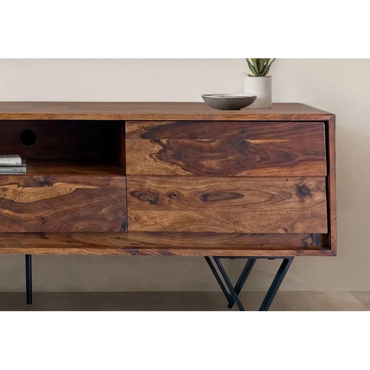 FineBuy TV Lowboard Sheesham Massivholz 160 cm, Fernsehtisch mit Türen, Schublade, offenem Fach & Kabeldurchlass, TV Board mit 3D Fronten & schwarzen Metallfüßen im Industrial Design – Bild 5