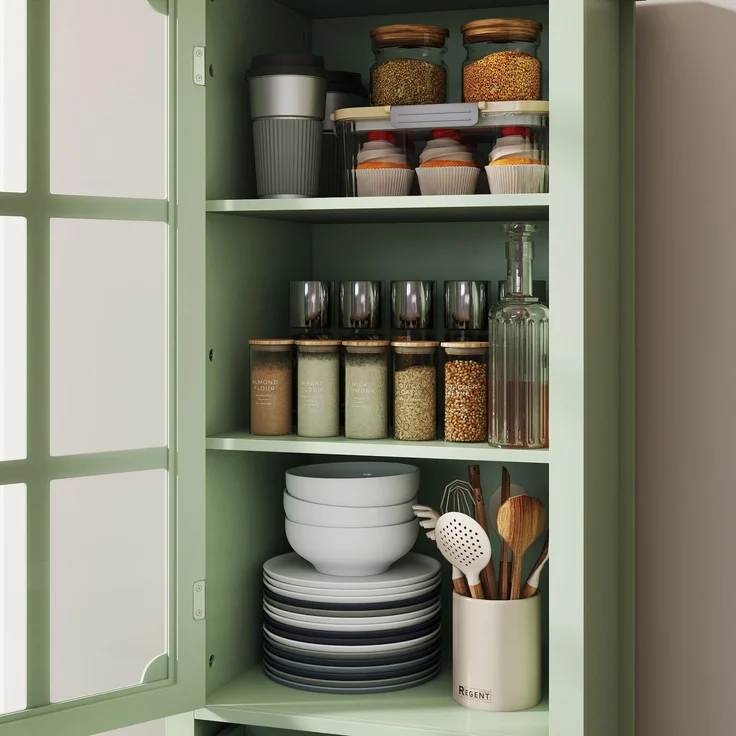 Mintgrüner Vitrinenschrank mit Glastür und 2 Schubladen, Vintage Hochschrank aus MDF mit Massivholzbeinen, Saugroboter-tauglicher Aufbewahrungsschrank für Wohnzimmer, Esszimmer, Flur--Grün--50x40x133cm--YOUDENOVA – Bild 6