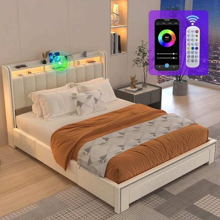 oyajia Polsterbett LED-Beleuchtung Doppelbett 160 cm x 200 cm mit Ladefunktion und 3 Schubladen (Mit Lattenrost und Ladefunktion, Samt materia Polsterbett), Funktionsbett Stauraumbetten Jugendbett Bettgestell Leises Design Bett – Bild 3