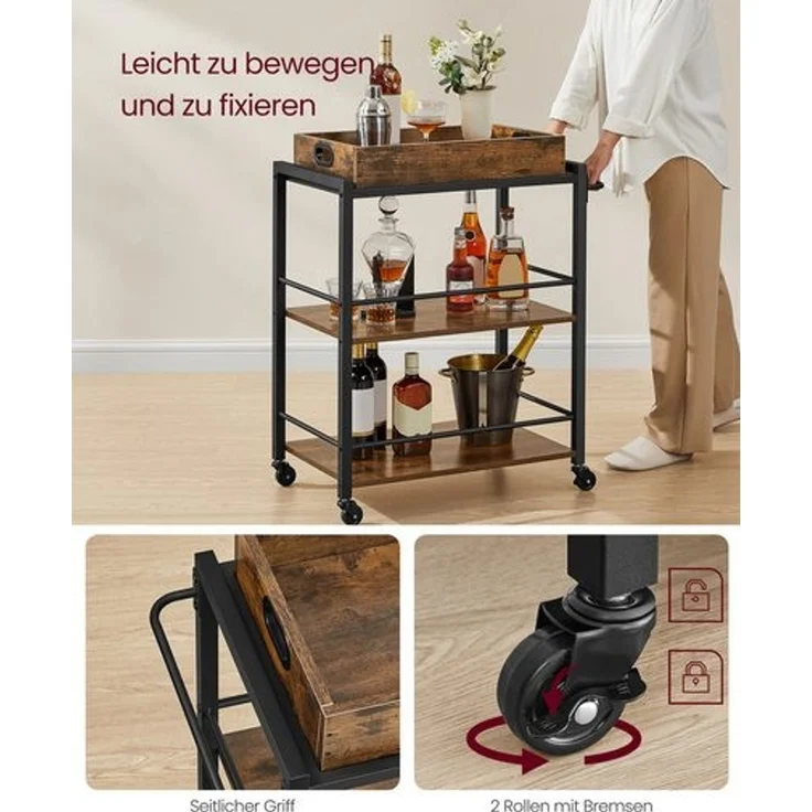 Vasagle Servierwagen mit abnehmbarem Tablett, feststellbarer Küchenwagen mit Universalrollen, Küchenregal, 65 x 40 x 86 cm, stabiles Metallgestell, Industrie-Design, Vintage, dunkelbraun von Songmics LRC72X – Bild 3
