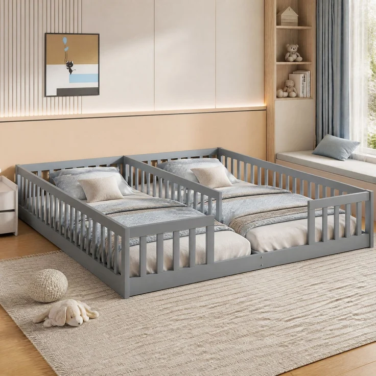 CHICFURN Bett Kiefernholz Grau 90x200 cm mit Sicherheitsgitter ohne Lattenrost – Bild 1