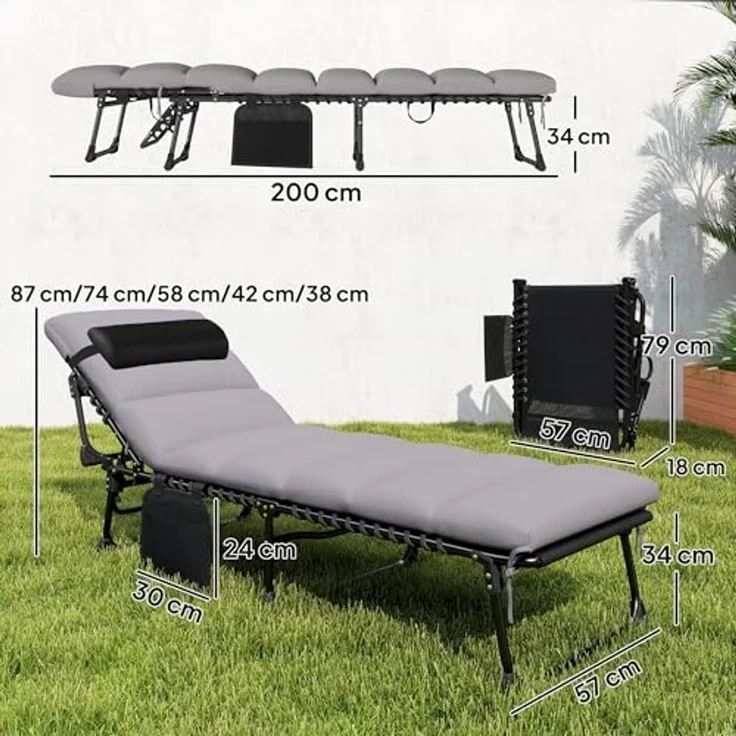 Outsunny Gartenliege mit 5-fach Verstellbar Rückenlehne, gepolsterter Matratze, Kopfstütze, Liegestuhl, 1 St, Sonnenliege, für Garten Terrasse Pool – Bild 3