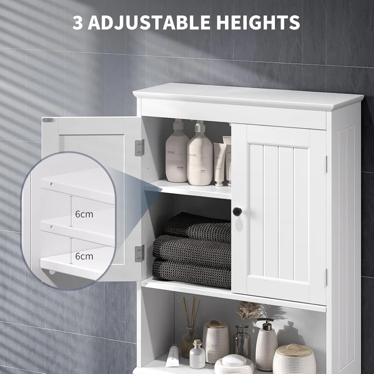 Bealife Toilettenregal, Regal über Toilette mit 3-stufigen verstellbaren Regalen, WC Überbauschrank Freistehend, 167 x 60 x 23 cm Überbau Toilettenschrank mit Doppeltüren für Badezimmer – Weiß – Bild 5