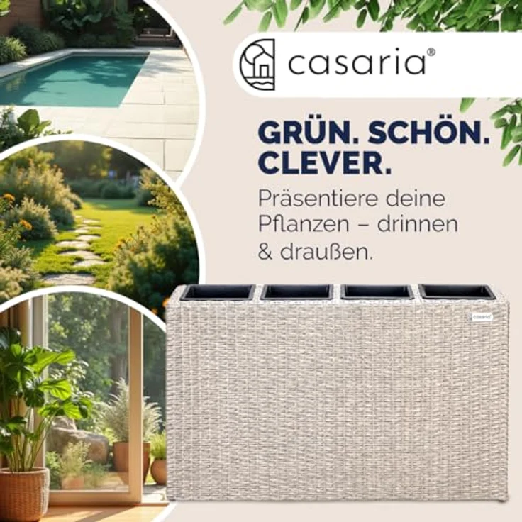 Casaria Pflanzkübel, 4 Innentöpfe Herausnehmbar Polyrattan 95x27x60cm Blumentopf Creme – Bild 5