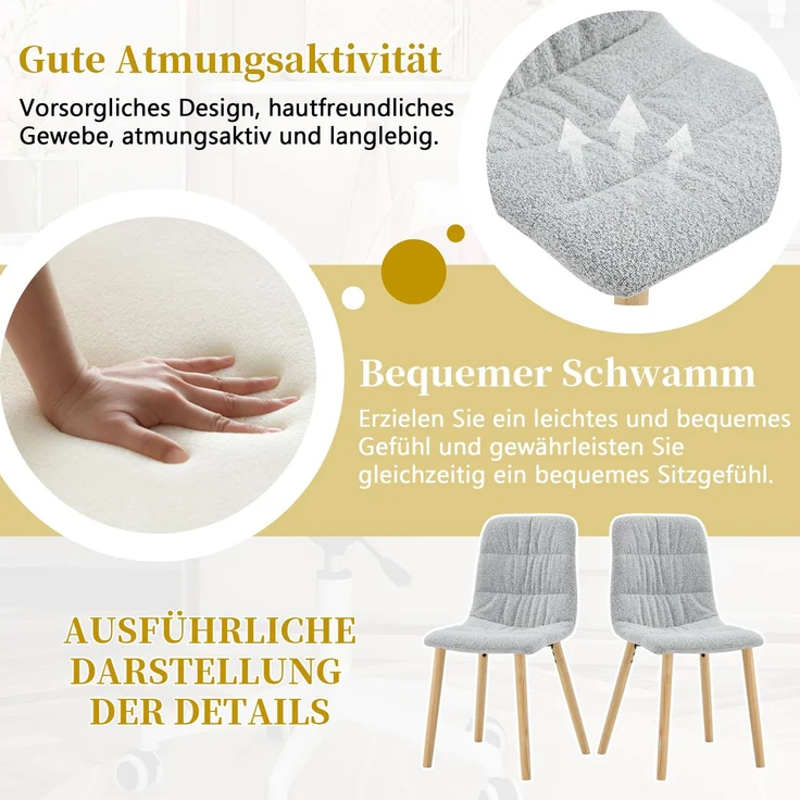Wohnora Esszimmerstuhl mit Faltenwurf und Massivholzbeinen (2er-Set) Bezogen mit hellgrauem Stoff, Gesamthöhe 88 cm – moderner, nordischer Esszimmerstuhl Geeignet für Esszimmer, Küche etc – Bild 5