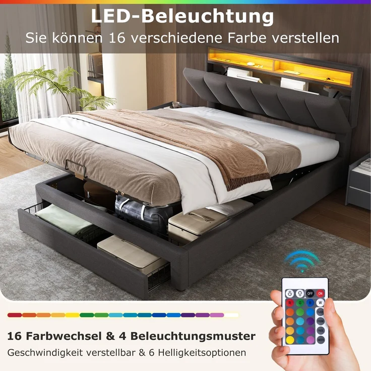 Polsterbett mit LED-Beleuchtung,Hydraulisch Stauraumbett mit Bettkasten,Schubladen und Staufächer,Verstaubares Kopfteil aus Schaum,Doppelbett aus Stahlrahmen,Leinen,160*200cm,grau – Bild 7