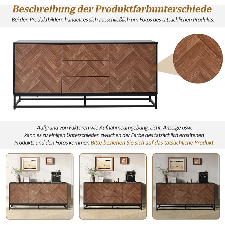 Sideboard Metallgestell mit 3 Schubladen & 2 Schranktüren 145x40x67 cm Eiche+Schwarz – Bild 5