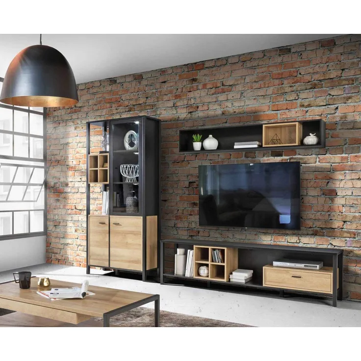 Wohnwand HIGH ROCK 3-tlg. mit Beleuchtung Riviera Eiche Optik /Schwarz