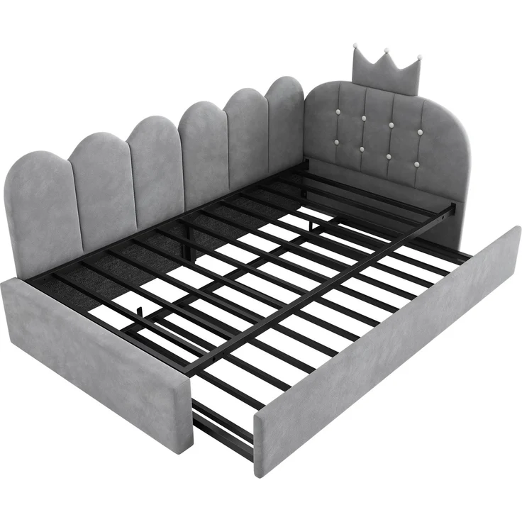 Merax Einzelbett 90x200 cm, Kinderbett, Polsterbett mit 90x190 cm Ausziehbett, Niedliches Kronen- und Gitterdesign, Samt, Grau – Bild 9