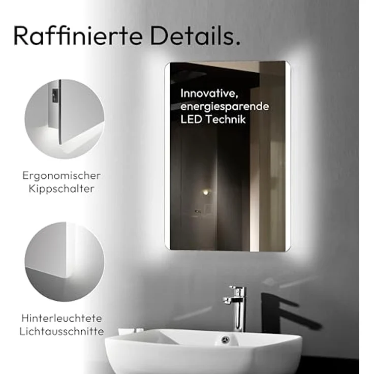 Talos Badspiegel Chic 50 x 70 cm, mit energiesparender LED-Beleuchtung und hinterleuchteten Lichtausschnitten, spritzwassergeschützt, vertikale/horizontale Aufhängung – Bild 3