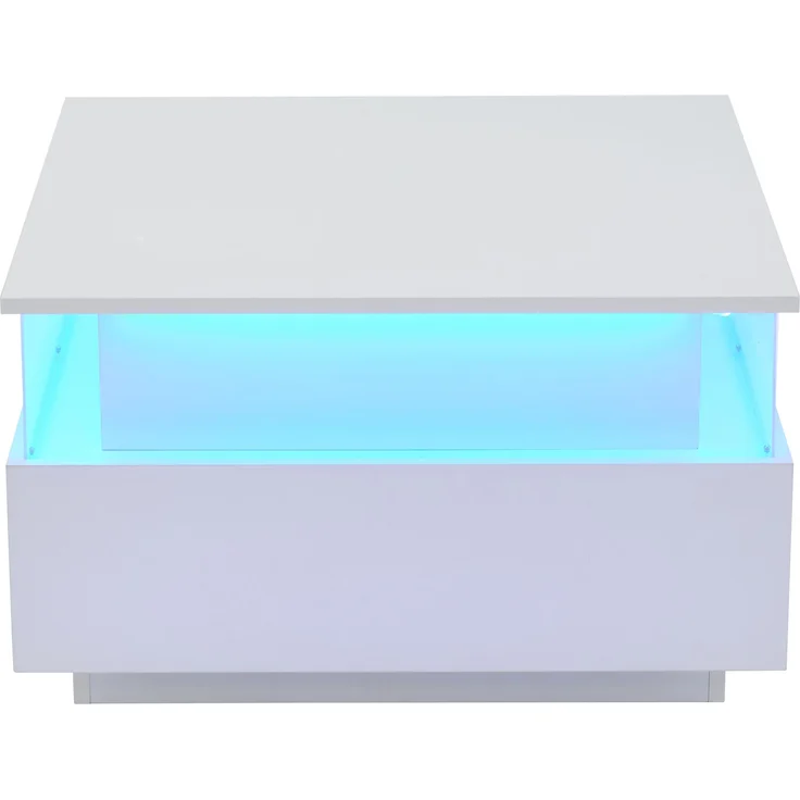 Couchtisch, mit LED-Beleuchtung, 2 Schubladen & transparentem Display, 70x70x41 cm, Weiß – Bild 4