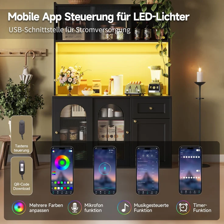 Merax Küchenschrank, Hochschrank, Vitrinenschrank, Buffetschrank mit Verstellbaren Ablagen, Esszimmerschrank, Sideboard mit LED-Beleuchtung, schwarz – Bild 3