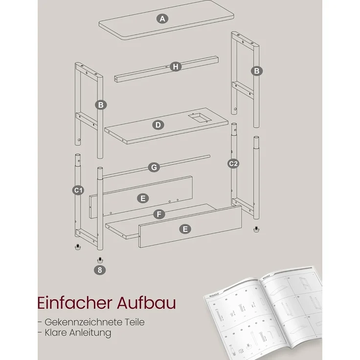 VASAGLE Beistelltisch schmal, Nachttisch mit Ladefunktion, Couchtisch klein, 3 Ablagen, Zeitschriftenhalter, für Wohnzimmer, Schlafzimmer, Arbeitszimmer, Greige meliert-tintenschwarz LET335K05 – Bild 9